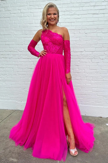 Vestido de fiesta de tul y encaje, con hombro descubierto, manga larga, sin espalda y hasta el suelo
