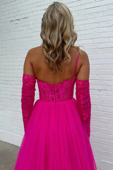 Vestido de fiesta de tul y encaje, con hombro descubierto, manga larga, sin espalda y hasta el suelo