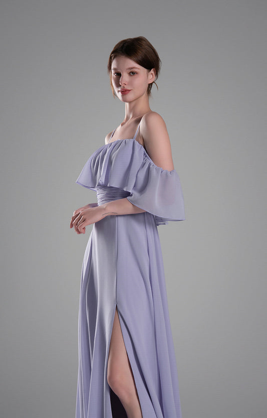 Elegant Off-the-Shoulder Chiffon Bridesmaid Dress with Ruffle Sleeves and Side Slit Floor-Length Evening Gown