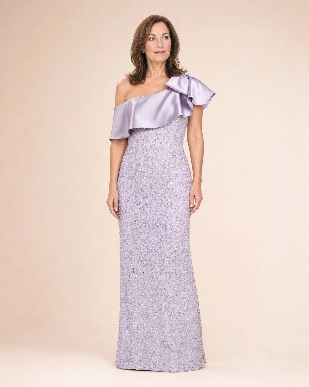 Vedress lavender sequin mermaid long mother of the bride dress,front view one‑shoulder ruffled satin strap,full sequin embellished skirt,beige plain studio background