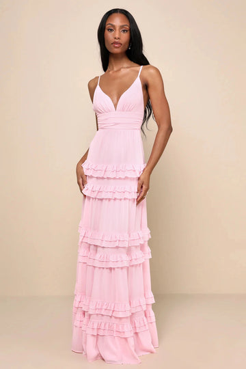 Vedress blush pink chiffon tiered v neck spaghetti strap maxi bridesmaid gown front ruffle skirt view