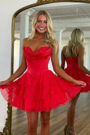 Layered Tulle A-Line Strapless Lace Corset Ruched Mini Homecoming Dress