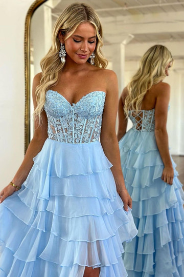 Vestido de Fiesta Largo con Escote Corazón, Encaje y Gasa en Línea A con Abertura, Vestido Maxi sin Tirantes de Encaje y Gasa con Volantes