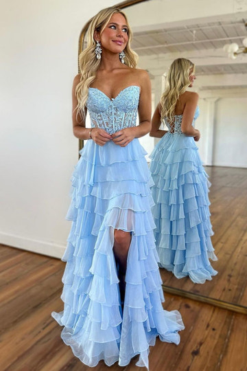 Vestido de Fiesta Largo con Escote Corazón, Encaje y Gasa en Línea A con Abertura, Vestido Maxi sin Tirantes de Encaje y Gasa con Volantes