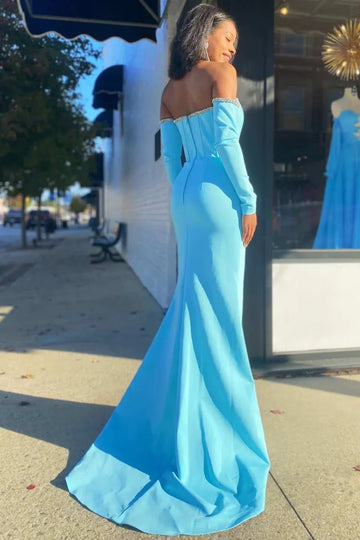 Light Blue Satin Mermaid Sweetheart Off Shoulder Long Sleeve Backless Maxi Prom Gown