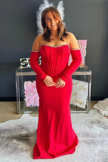 Light Blue Satin Mermaid Sweetheart Off Shoulder Long Sleeve Backless Maxi Prom Gown