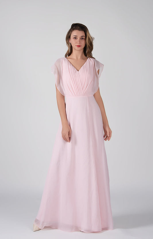 Elegant Chiffon Bridesmaid Dress Open Back Flutter Sleeves Pleats A-Line Maxi Dress with Side Slit