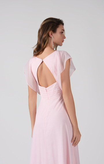 Elegant Chiffon Bridesmaid Dress Open Back Flutter Sleeves Pleats A-Line Maxi Dress with Side Slit