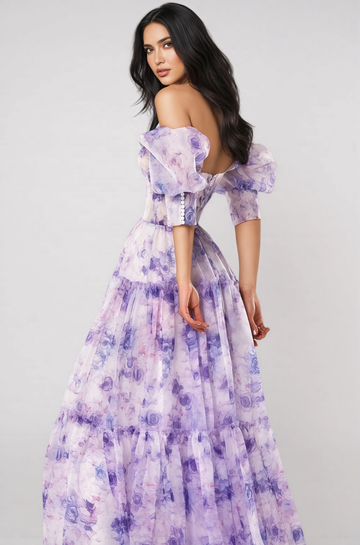 Off Shoulder Puff Sleeve Floral Print Maxi Dress Tiered Ruffle Organza Gown Formal Prom Dresses