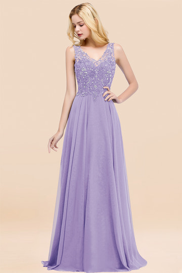 A-line V Neck Sleeveless Chiffon Applique Lace Floor Length Bridesmaid Dresses