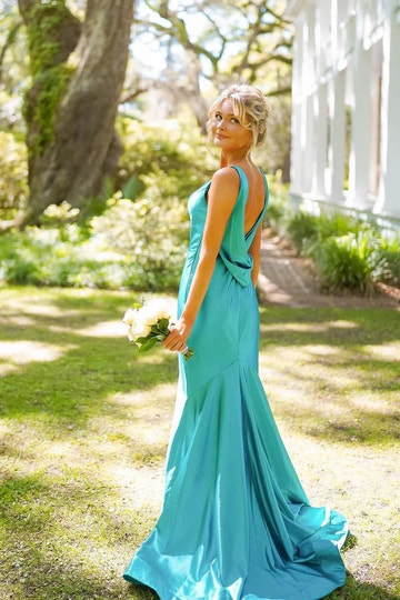 Elegant Satin V Neck Mermaid Bridesmaid Dress with Cowl Back Sweep/Brush Evening Dresses