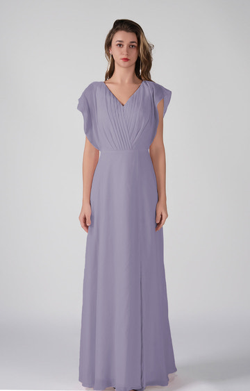 Elegant Chiffon Bridesmaid Dress Open Back Flutter Sleeves Pleats A-Line Maxi Dress with Side Slit