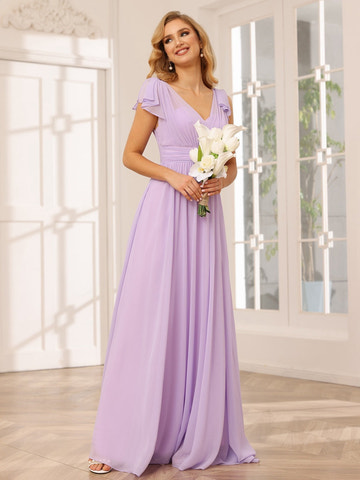 A-Line/Princess V-Neck Chiffon Short Sleeves Long Bridesmaid Dresses with Ruffles