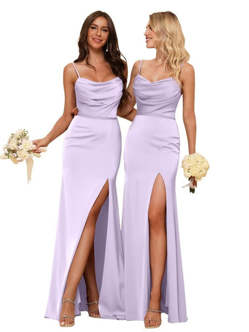 Sheath/Column Spaghetti Straps Sleeveless Satin Floor Length Bridesmaid Dresses Gown with Ruffles Split