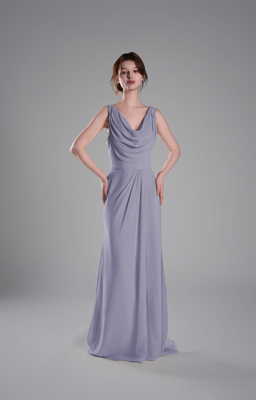 Elegant Chiffon Cowl Neck Bridesmaid Dress Sleeveless Fitted Bodice Floor Length Formal Gown
