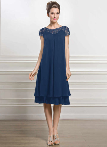 Vedress navy knee‑length mother of the bride dress,beaded lace cap sleeves,double chiffon skirt,illusion zip back