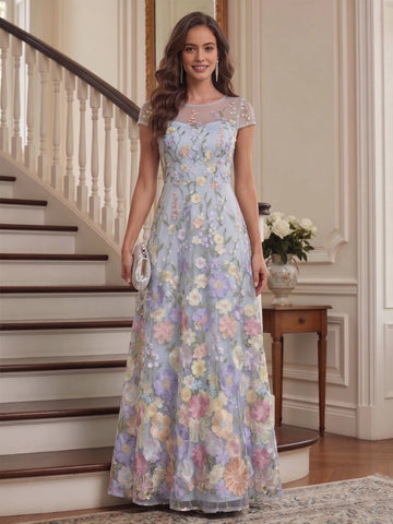 vedress light blue a line mother of the bride dress illusion round neck cap sleeve colorful floral embroidery tulle gown