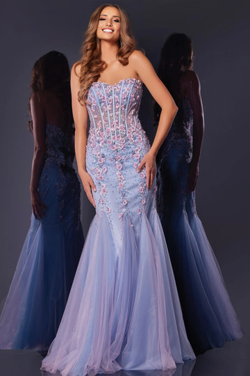 Luxurious Mermaid Strapless Sleeveless Tulle 3D Floral Beaded Embellished Corset Evening Gown