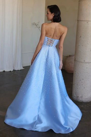Luxury Ball-Gown Strapless Sleeveless Satin Long-Train Beaded Evening Dress