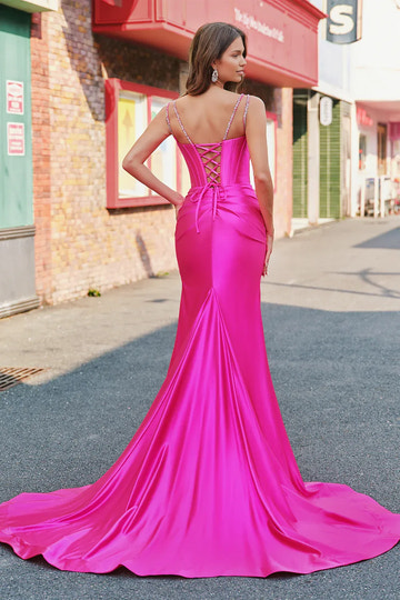 Luxury Mermaid Plunge Beaded Formal Corset Satin Evening Gown Train Slit LaceUp Back Prom Dress