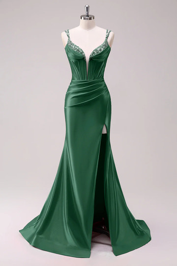 Luxury Mermaid Plunge Beaded Formal Corset Satin Evening Gown Train Slit LaceUp Back Prom Dress