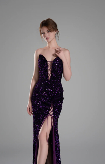 Luxury Mermaid Strapless Sleeveless Sequin Floor Length Lace-Up Slit Evening Gown