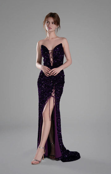 Luxury Mermaid Strapless Sleeveless Sequin Floor Length Lace-Up Slit Evening Gown