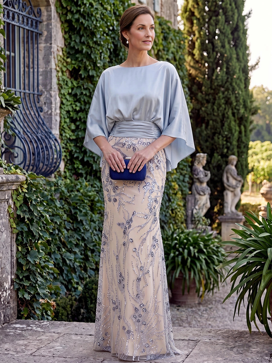 Vedress two‑piece light blue cape sleeve mermaid mother of the bride dress with sequin embroidery