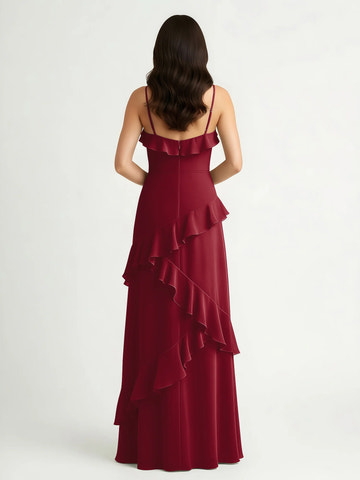 Spaghetti Strap V-Neck Asymmetrical Ruffle Chiffon Bridesmaid Maxi Dress