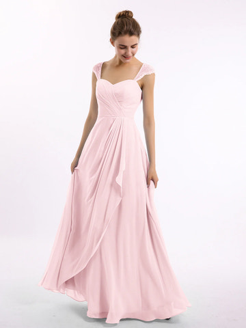 Sweetheart Neck Lace Cap Sleeve Open Back Draped Chiffon Bridesmaid Maxi Dress with Pockets
