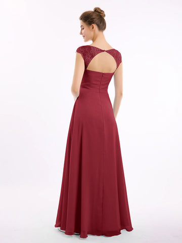 Back view of burgundy chiffon bridesmaid dress with lace cap sleeves, keyhole open back, zipper closure, and floor-length A-line skirt by Vedress