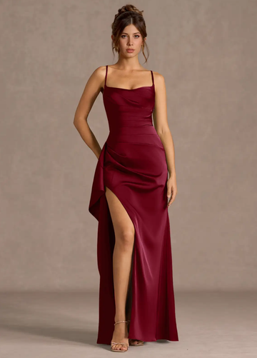 Women's Sleeveless Sweetheart Neck Evening Gown Maxi Dress Satin Solid Backless with Side Draped High Slit