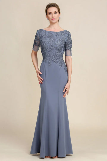 Mermaid Bateau Neck Mesh Mother of the Bride Dress Maxi Lace EveningGown