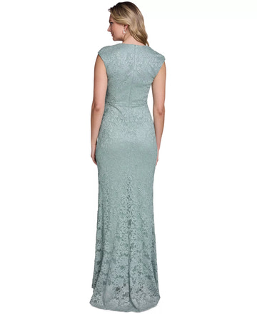 Mermaid Cap Sleeve Lace Floor Length Formal Mother of the Bride Dress With Side Tuck