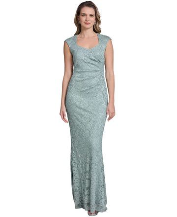 Mermaid Cap Sleeve Lace Floor Length Formal Mother of the Bride Dress With Side Tuck