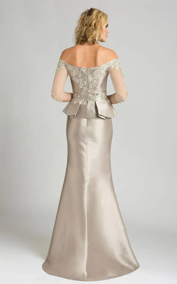 Elegante vestido de noche largo de satén con abalorios, escote barco y media manga, estilo sirena