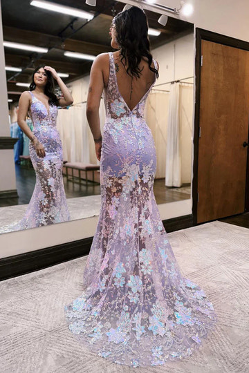 Vestido de Fiesta Ajustado con Cola de Sirena, sin Mangas, Escote Pronunciado en V, Aplicaciones Florales y Lentejuelas en la Espalda