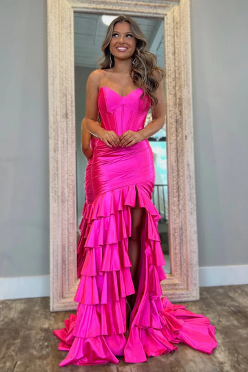 Charming Corset Ruched Tiered Mermaid Satin Prom Dress with Slit