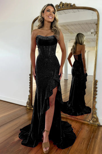 Glamorous Rhinestone Mermaid Strapless Corset Ruffle Maxi Prom Dress With Slit