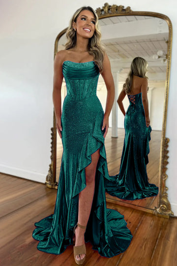 Glamorous Rhinestone Mermaid Strapless Corset Ruffle Maxi Prom Dress With Slit