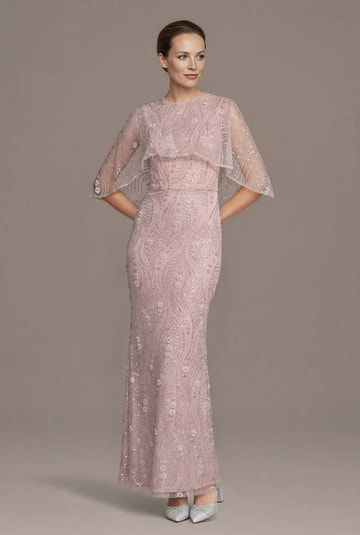 Elegant Mermaid V-Neck Beaded Capelet Formal Gown Sheath Mother of the Bride Dress
