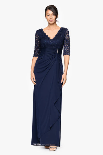 Elegant Bodycon Jersey V-Neck Lace Sleeve Mother of the Bride Dress Ruched Draped Formal Gown