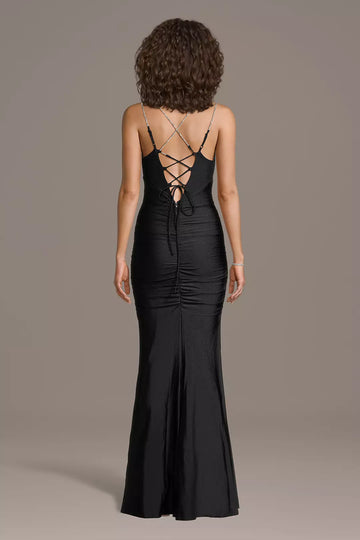 Mermaid V-Neck Sleeveless Satin Long Lace-Up Back Evening Dress