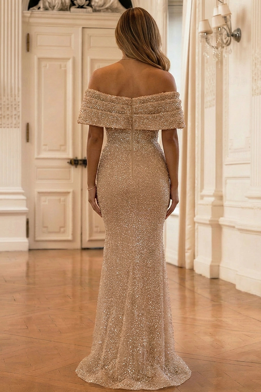 Vedress sparkly formal gown center zipper back design full sequin long mermaid dress rear view