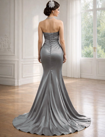 Vedress beaded formal prom dress lace up corset back view long mermaid satin gown
