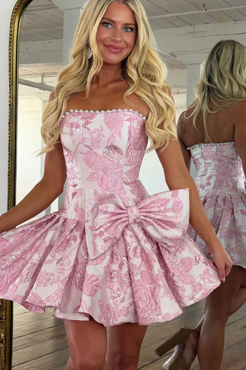 Metallic Floral A-Line Strapless Pearl Trim Boned Corset Side Bow Swing Mini Homecoming Dress