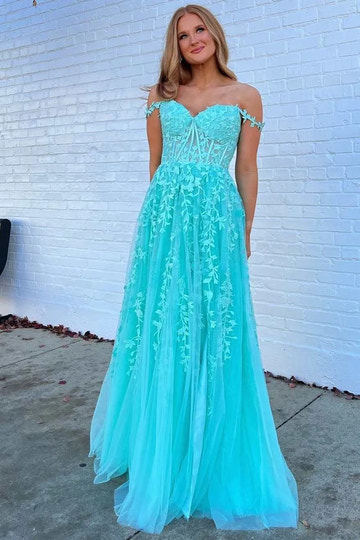 Mint Green 3D Floral A-Line Sweetheart Off Shoulder Backless Maxi Prom Gown