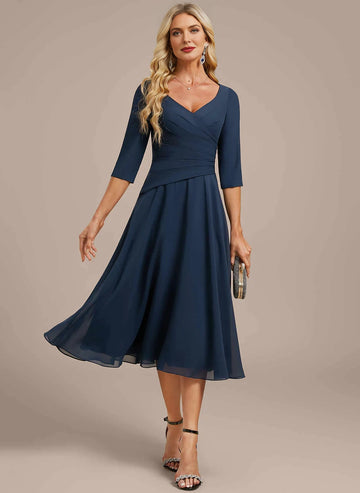 Vedress Navy Blue V‑Neck 3/4 Sleeve Midi Mother Dress Front View