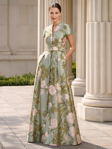 Vedress sage green floral satin a‑line mother of the bride dress with belt and pockets