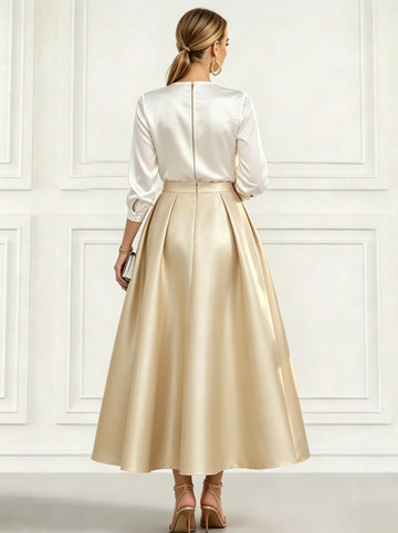 Refined A-Line Surplice V-Neck Three-Quarter Sleeve Satin Pleated Tea-Length Cocktail Dress